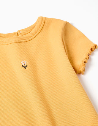 Camiseta acanalada con flor bordada para bebé niña, naranja