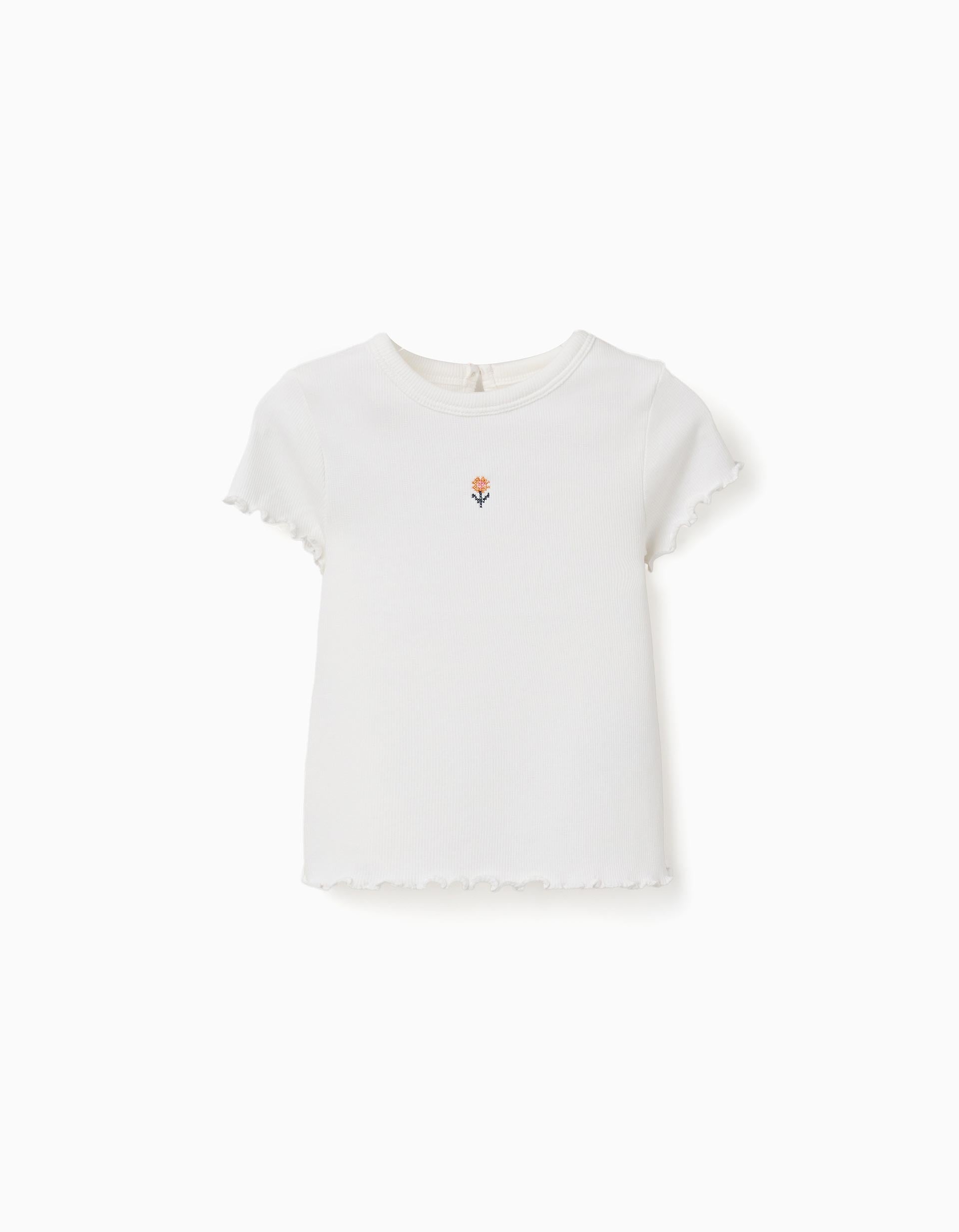 Ribbed T-shirt with embroidered flower for baby girls, white