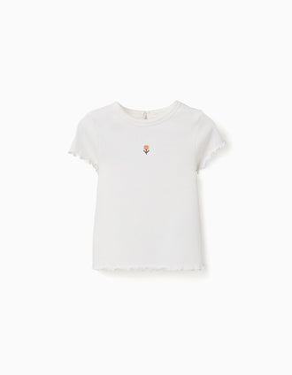 Camiseta acanalada con flor bordada para bebé niña, blanco