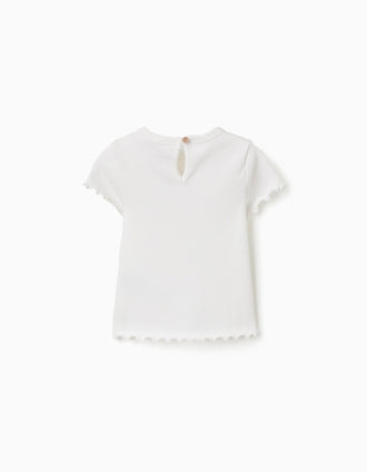 Camiseta acanalada con flor bordada para bebé niña, blanco