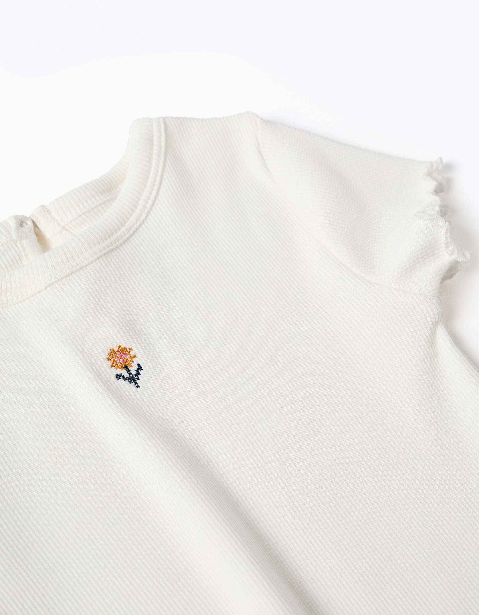 Ribbed T-shirt with embroidered flower for baby girls, white