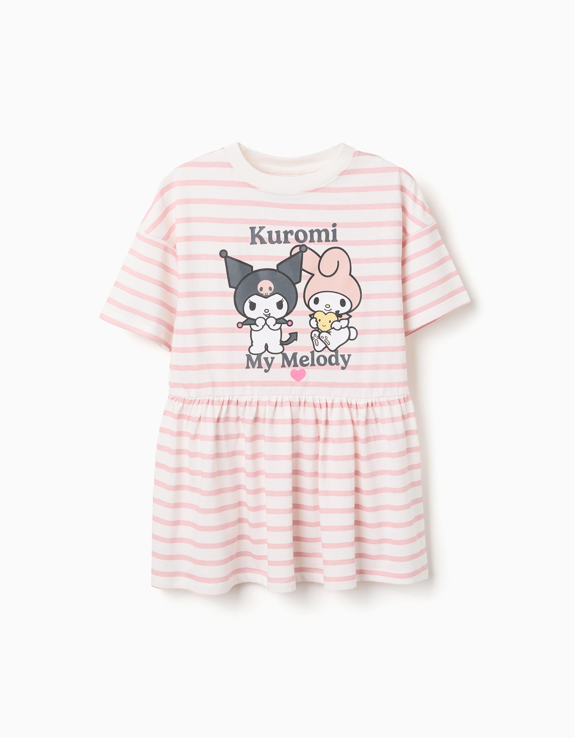 Striped cotton dress with Kuromi print for girls, white/pink