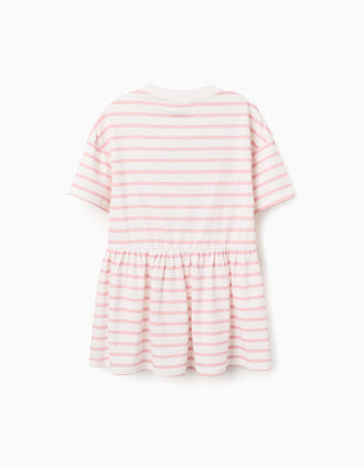 Striped cotton dress with Kuromi print for girls, white/pink