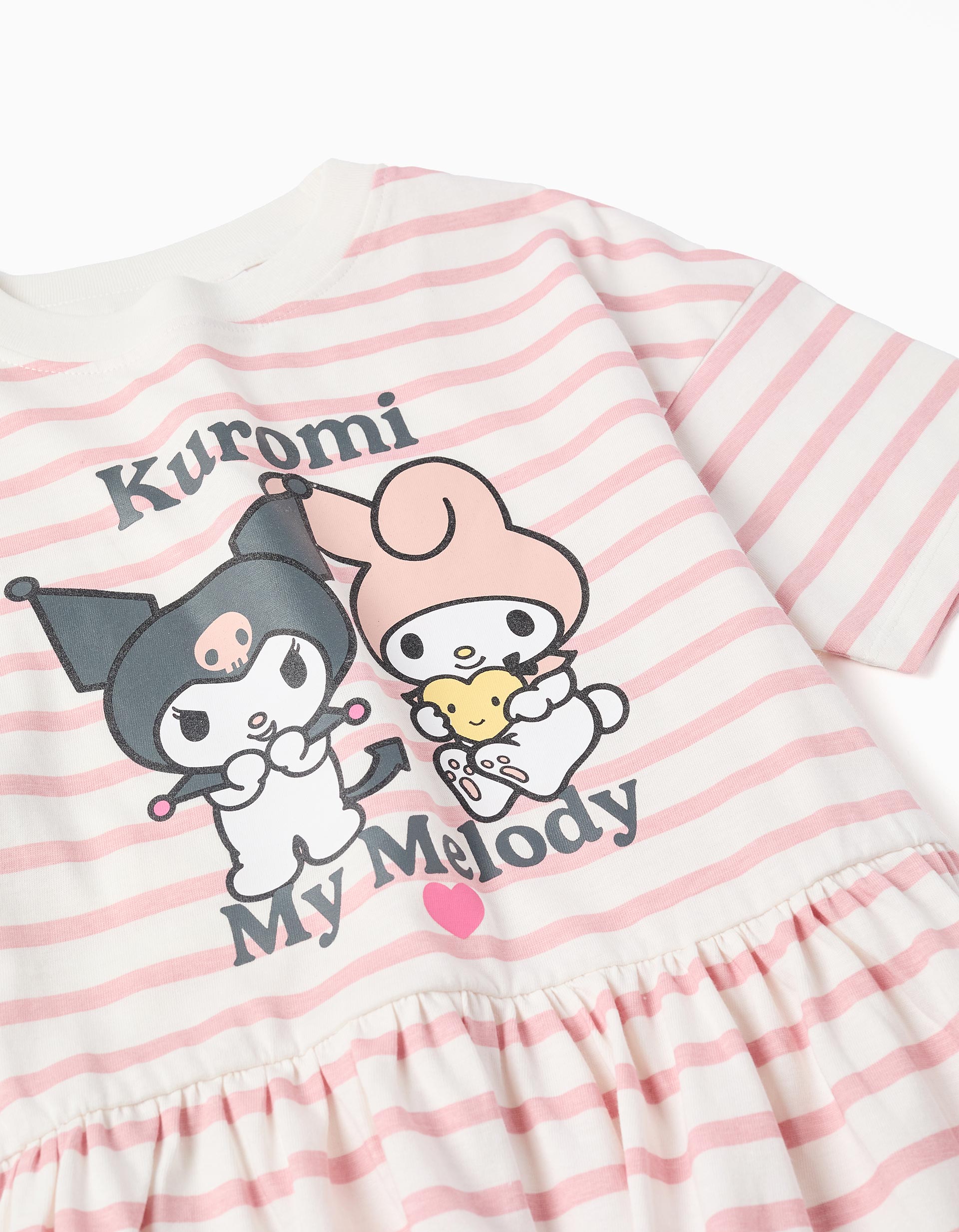 Striped cotton dress with Kuromi print for girls, white/pink