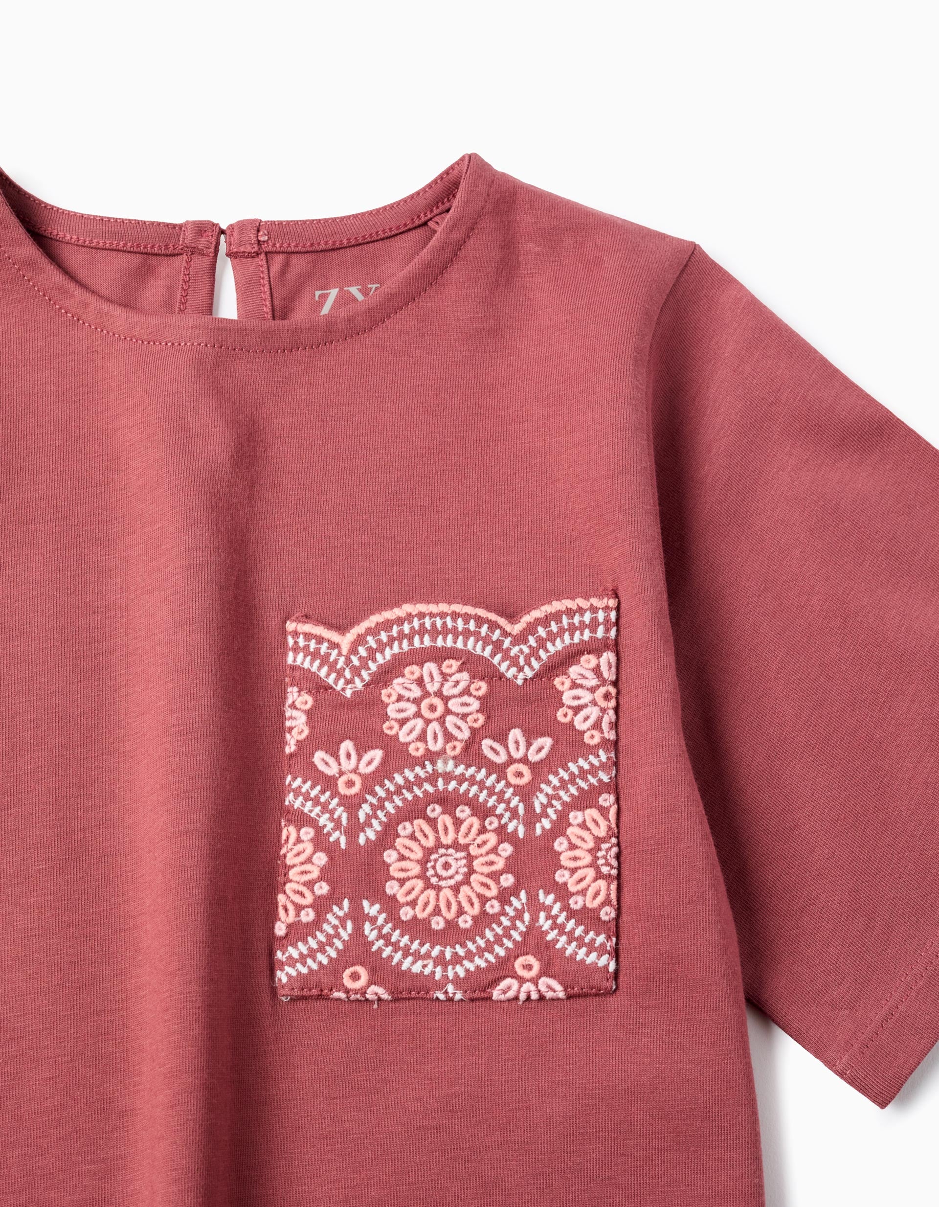 Cotton T-shirt with embroidered pocket for girls, brown