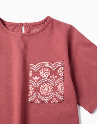 Cotton T-shirt with embroidered pocket for girls, brown