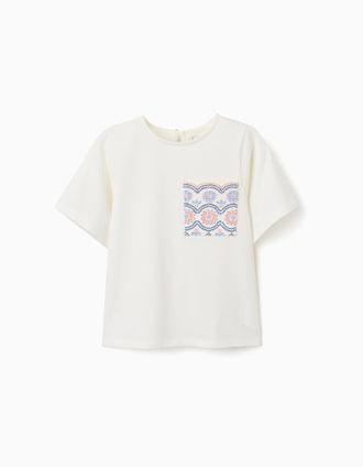 Cotton T-shirt with embroidered pocket for girls, white