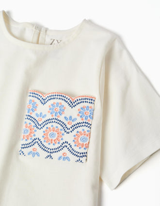 Cotton T-shirt with embroidered pocket for girls, white