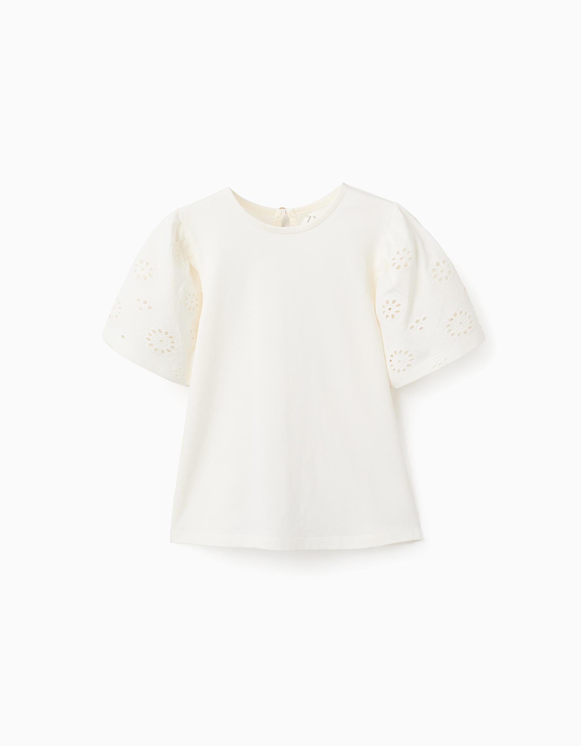 Camiseta de algodón con mangas en bordado inglés para niña, beige claro