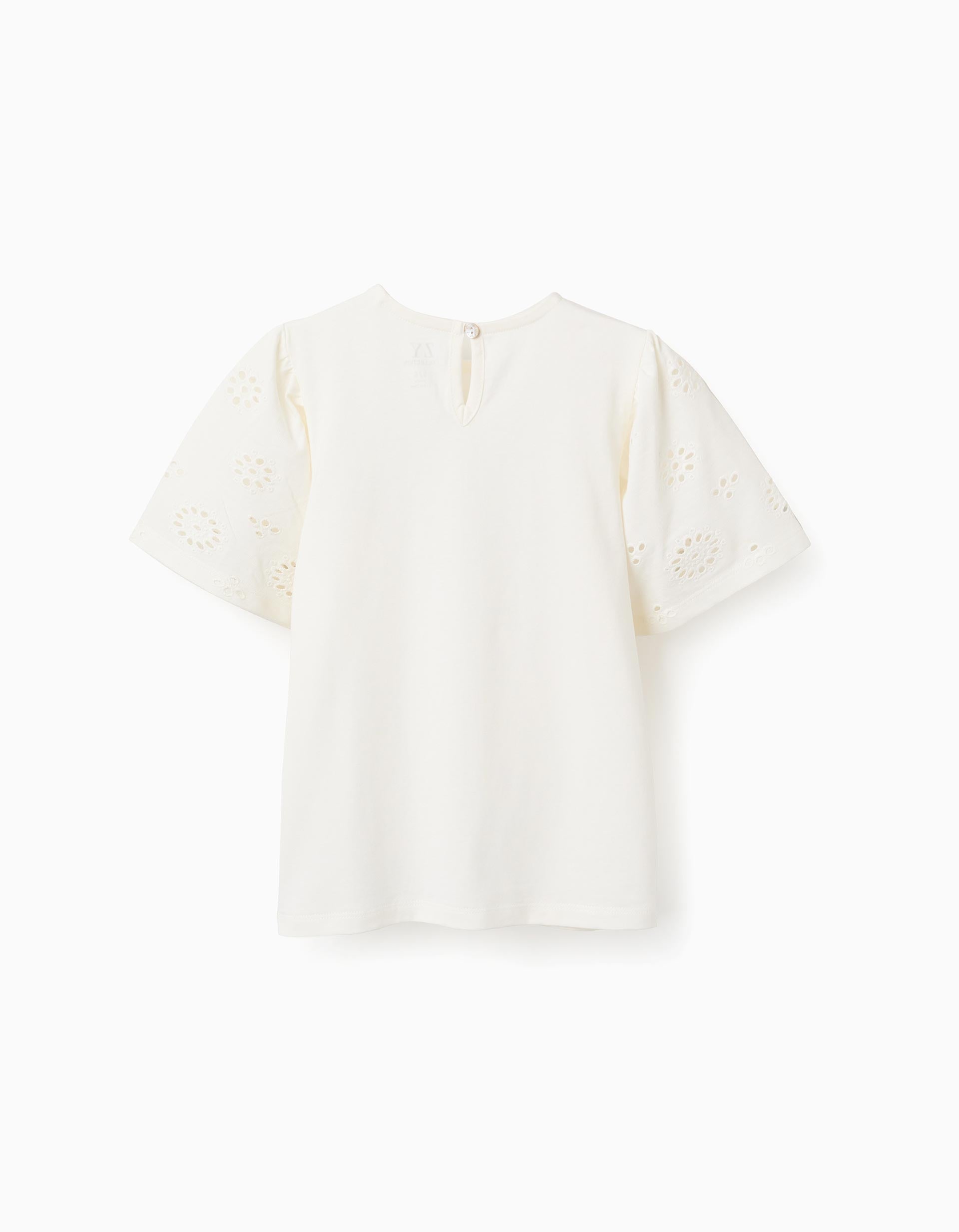 Camiseta de algodón con mangas en bordado inglés para niña, beige claro