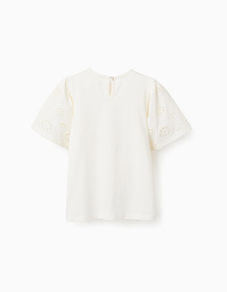 Cotton T-shirt with sleeves in broderie anglaise for girls, light beige