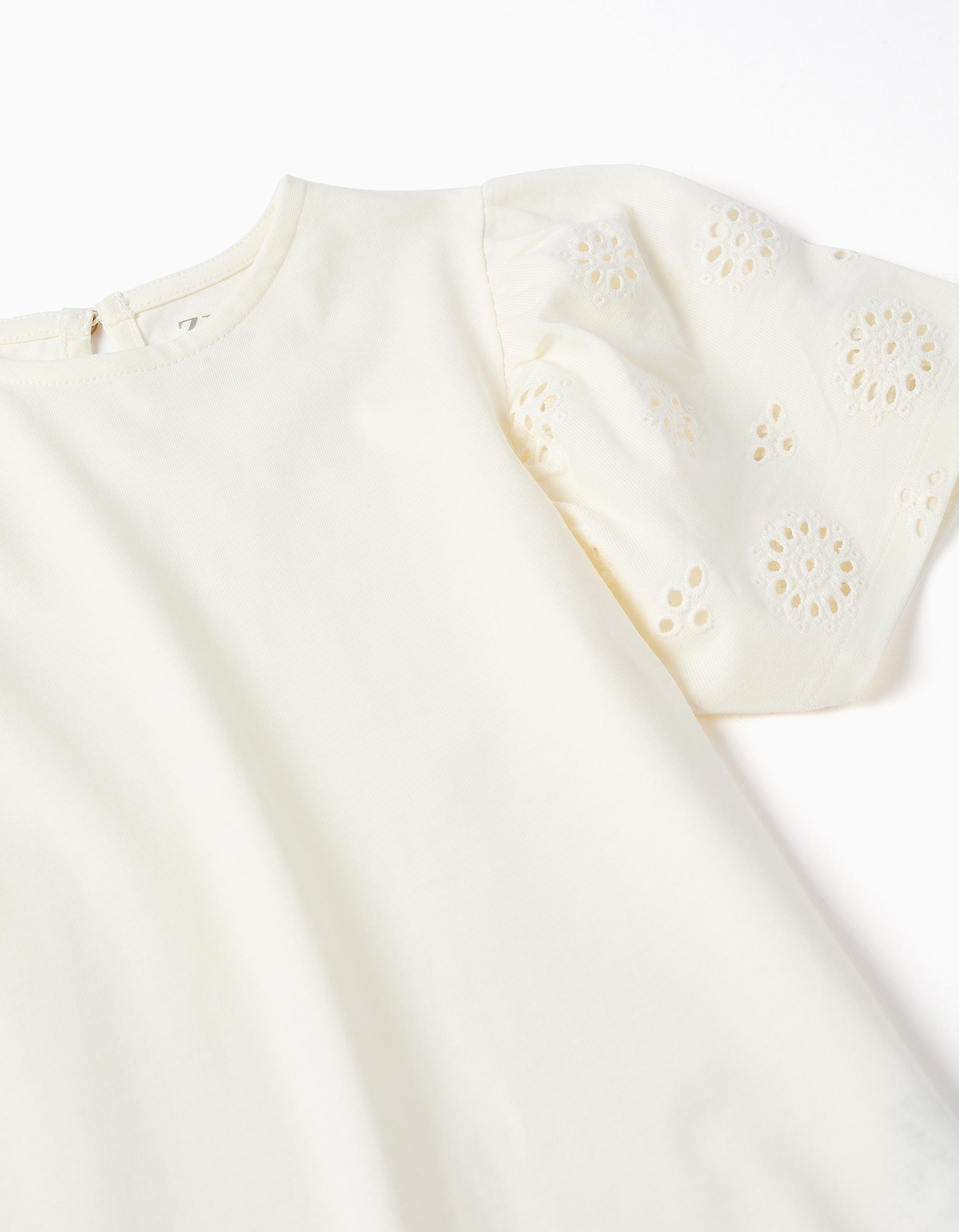 Camiseta de algodón con mangas en bordado inglés para niña, beige claro