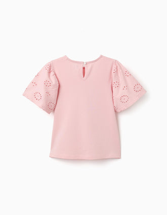 Cotton T-shirt with sleeves in broderie anglaise for girls, pink