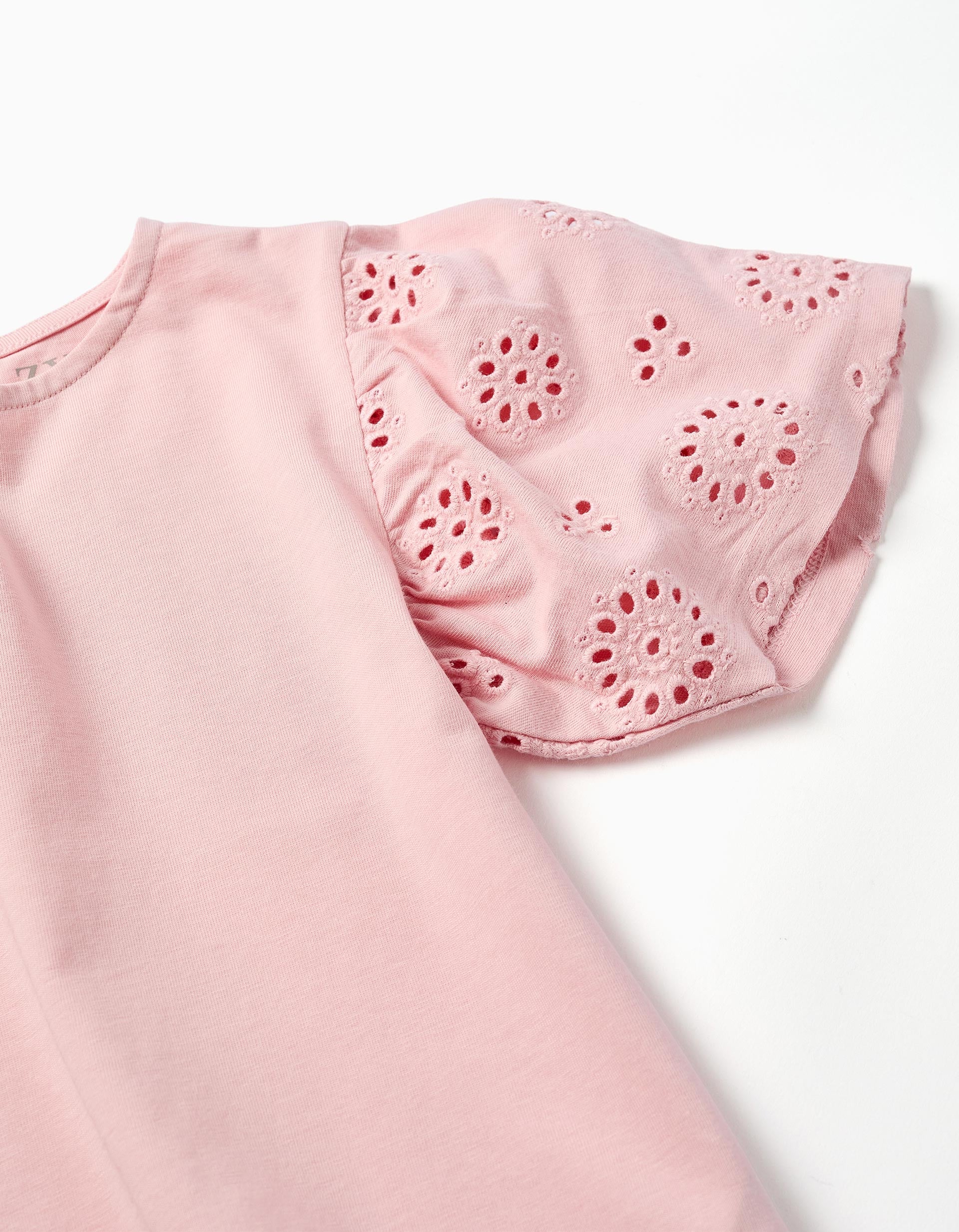 Cotton T-shirt with sleeves in broderie anglaise for girls, pink