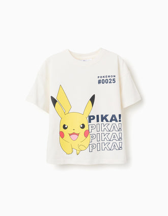 T-shirt de algodão com estampado frontal Pikachu para menino, branco