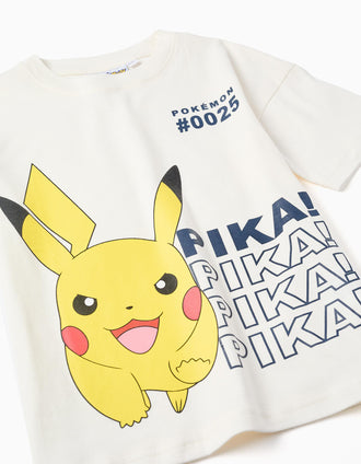 T-shirt de algodão com estampado frontal Pikachu para menino, branco