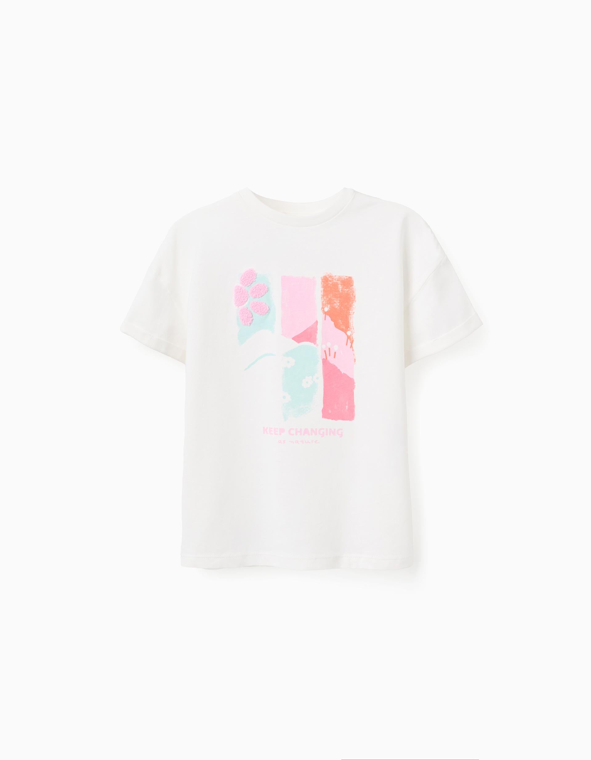 Cotton T-shirt with embossed print and embroidery for girls, white