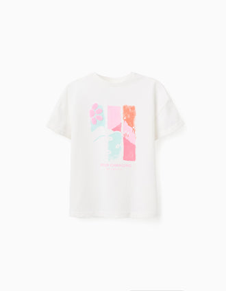 Cotton T-shirt with embossed print and embroidery for girls, white