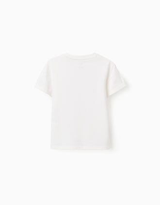 Cotton T-shirt with embossed print and embroidery for girls, white