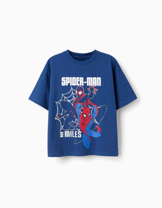 T-shirt de algodão com estampado frontal Spider-Man para menino, azul