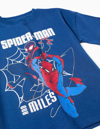 T-shirt de algodão com estampado frontal Spider-Man para menino, azul