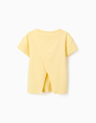 Cotton T-shirt with 3D floral print for girls, yellow/pink/orange