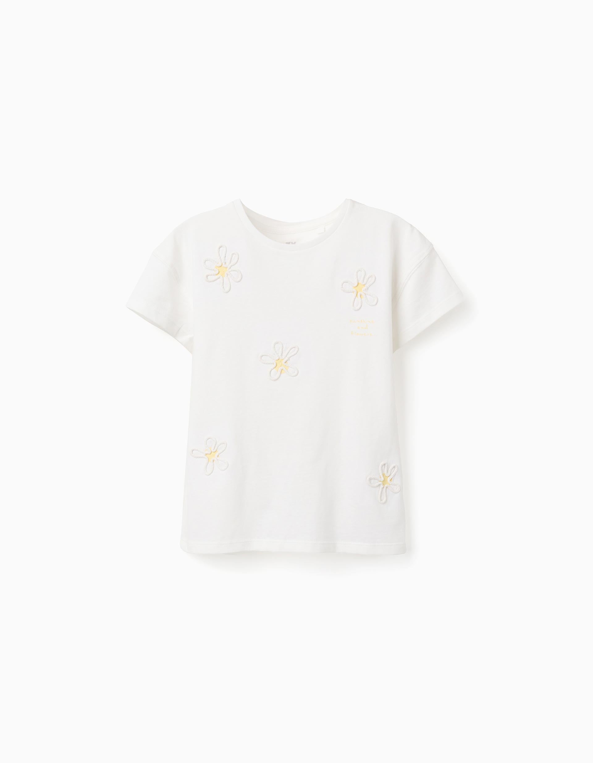Cotton T-shirt with 3D floral print for girls, white/yellow