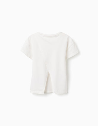 Cotton T-shirt with 3D floral print for girls, white/yellow
