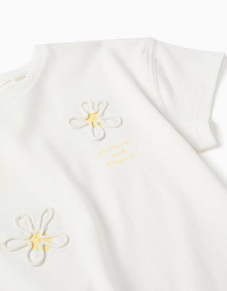 Cotton T-shirt with 3D floral print for girls, white/yellow