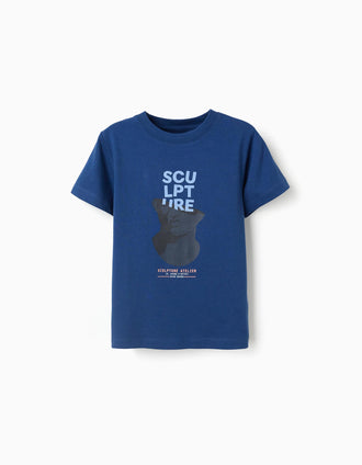 Cotton T-shirt with Sculpture front print for boys, blue