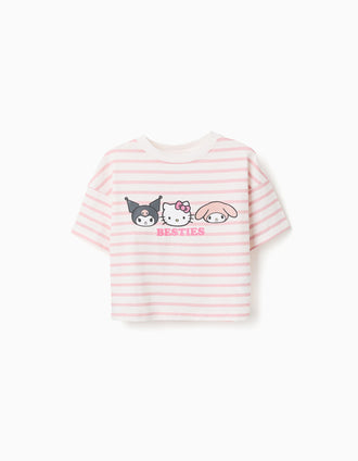 Striped cotton T-shirt with Besties print for girls, white/pink