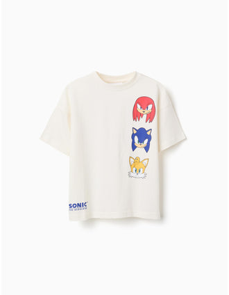 T-shirt de algodão com estampados Sonic & Friends para menino, branco