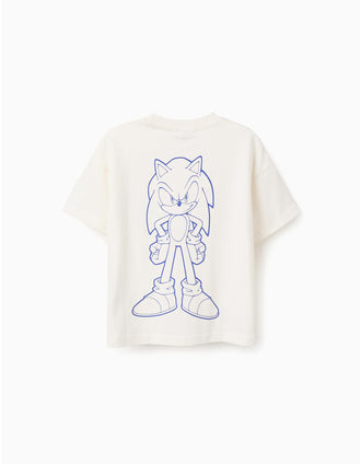 T-shirt de algodão com estampados Sonic & Friends para menino, branco