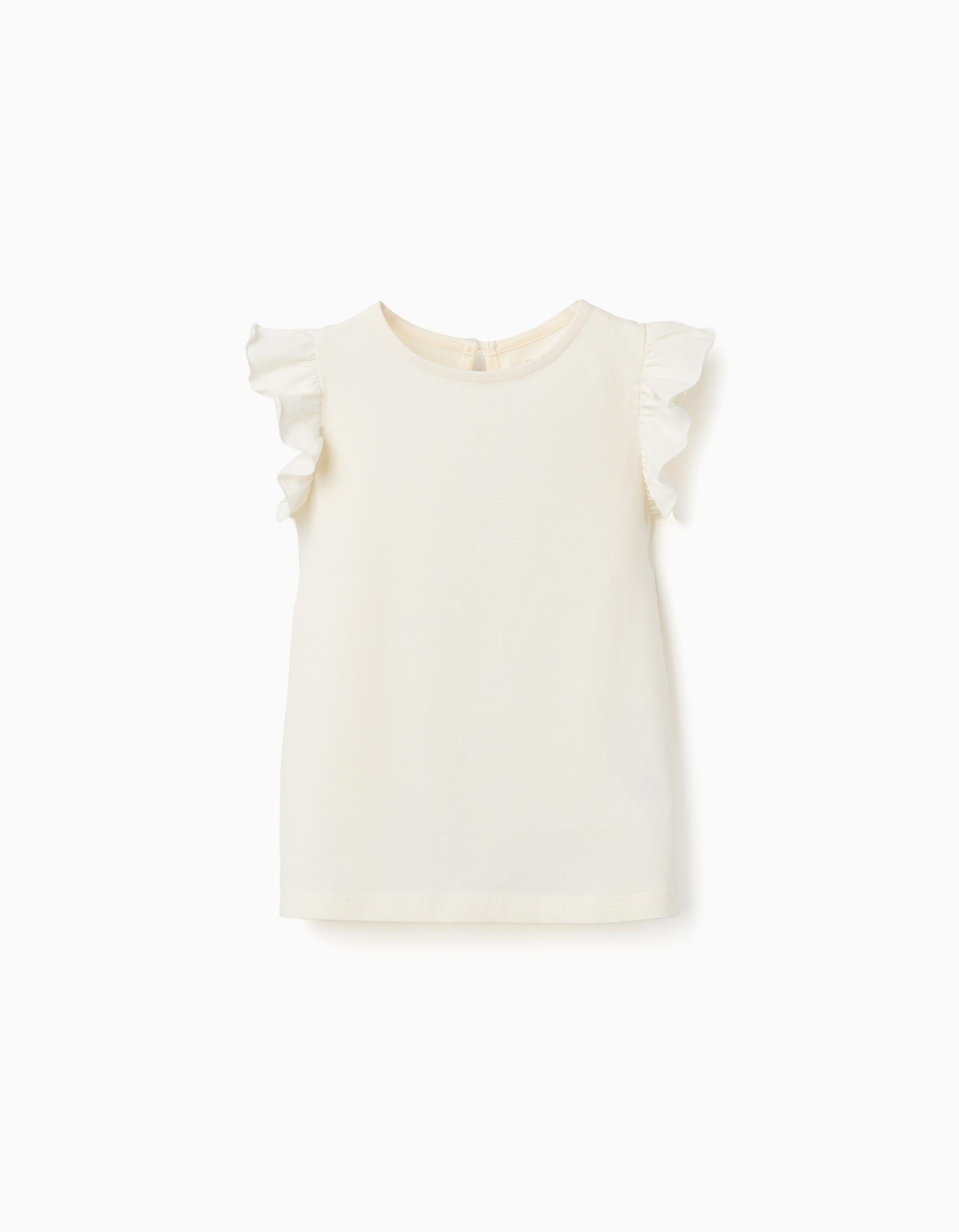 T-shirt with ruffled sleeves and round collar for girls, light beige