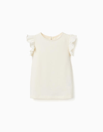 T-shirt with ruffled sleeves and round collar for girls, light beige