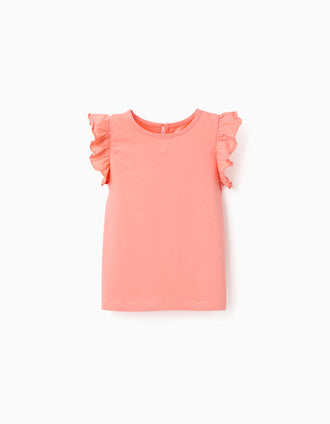T-shirt avec manches à volants et col rond pour fille, corail clair