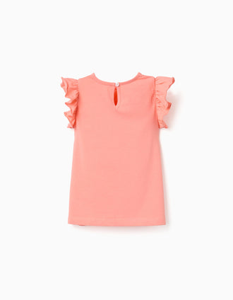 T-shirt avec manches à volants et col rond pour fille, corail clair