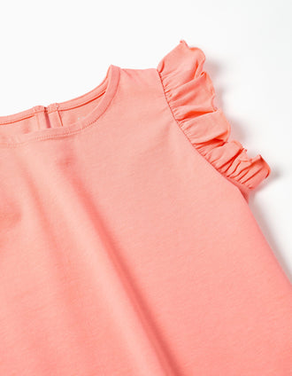 T-shirt avec manches à volants et col rond pour fille, corail clair