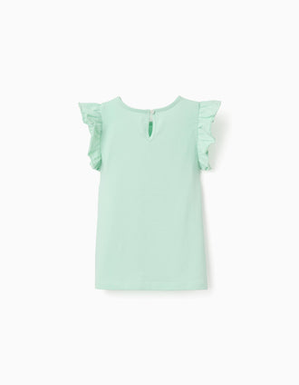 T-shirt with ruffled sleeves and round collar for girls, light green