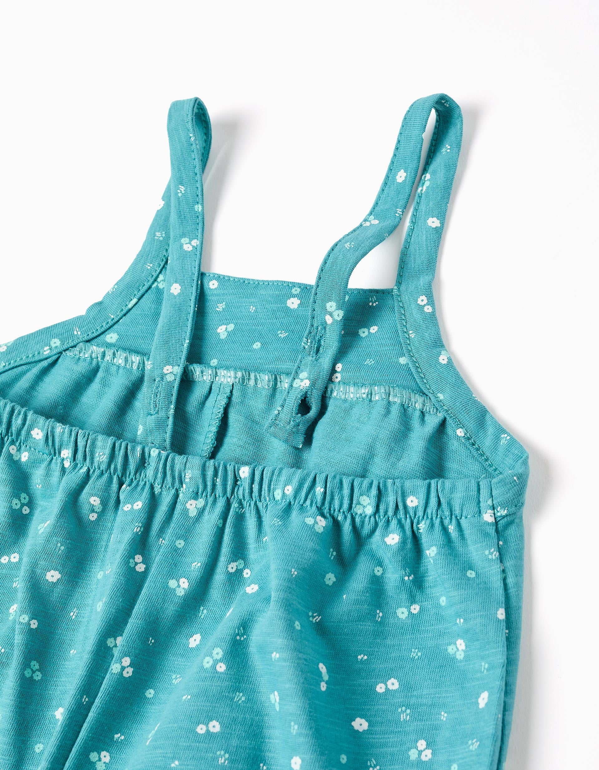 Cotton jumpsuit with floral motif for baby girls, turquoise blue