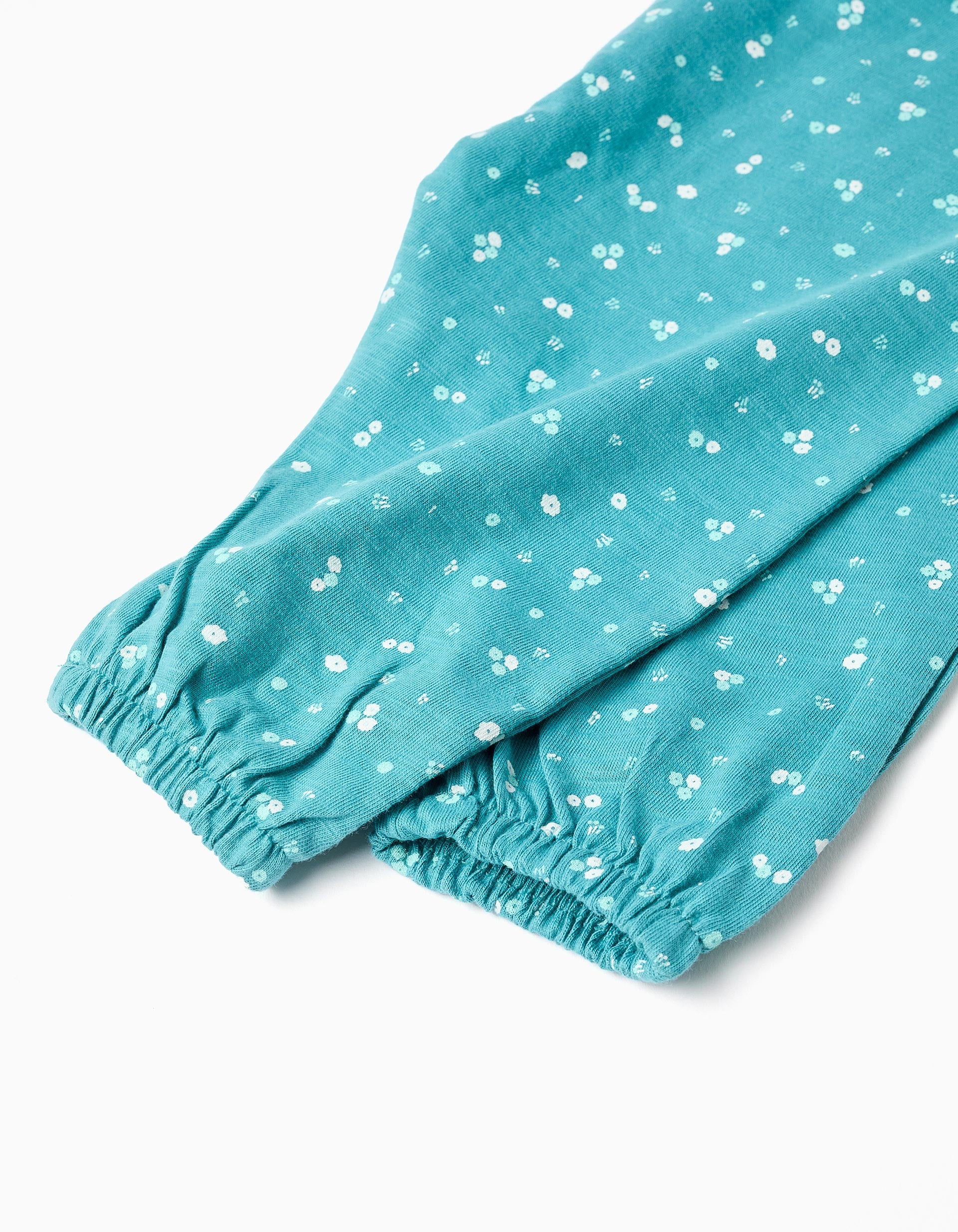 Cotton jumpsuit with floral motif for baby girls, turquoise blue