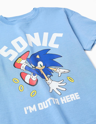 T-shirt de algodão com um estampado frontal Sonic para menino, azul