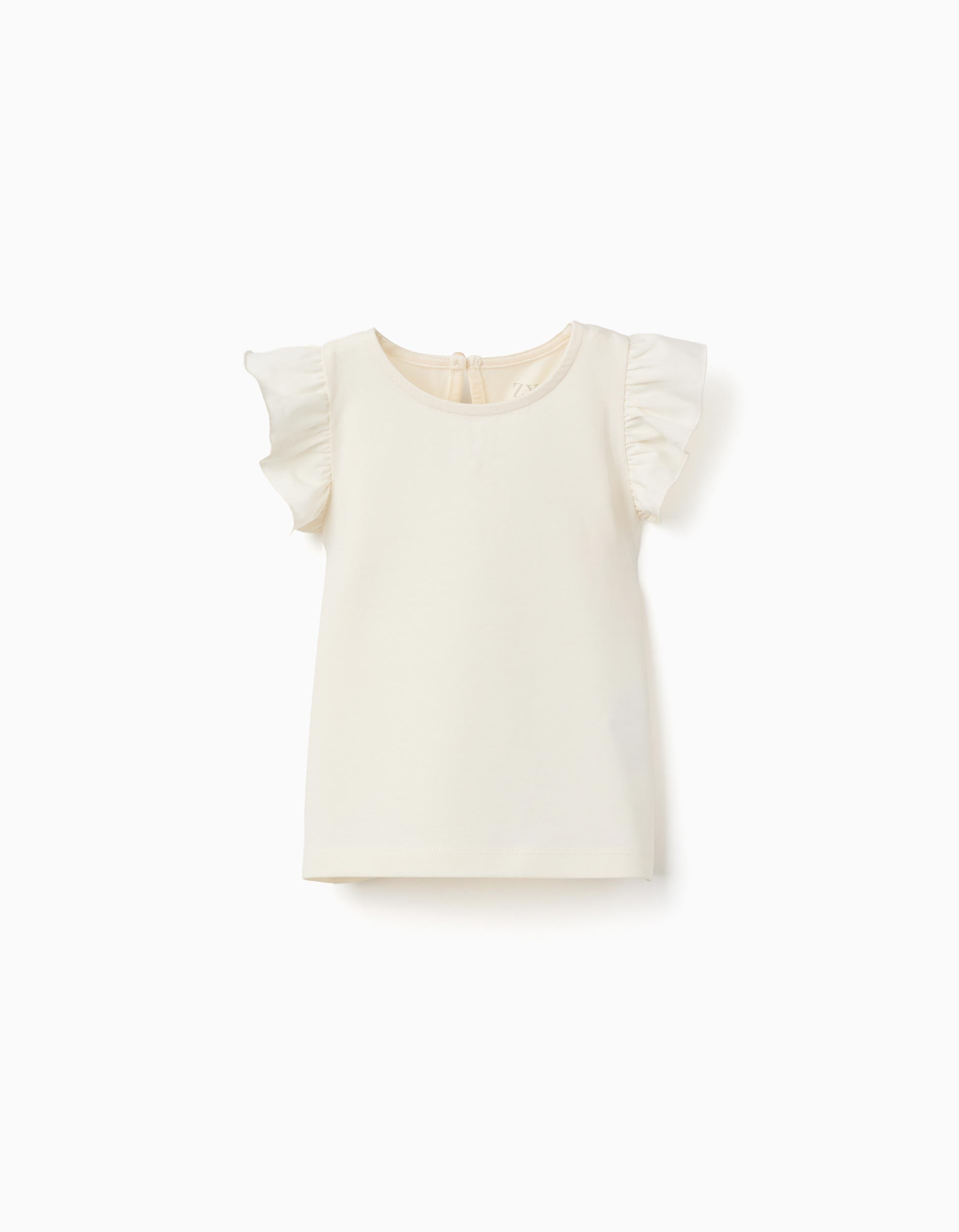 T-shirt com folhos e gola redonda para bebé menina, bege-claro