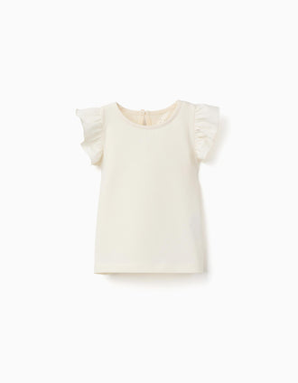 Camiseta con volantes y cuello redondo para bebé niña, beige claro