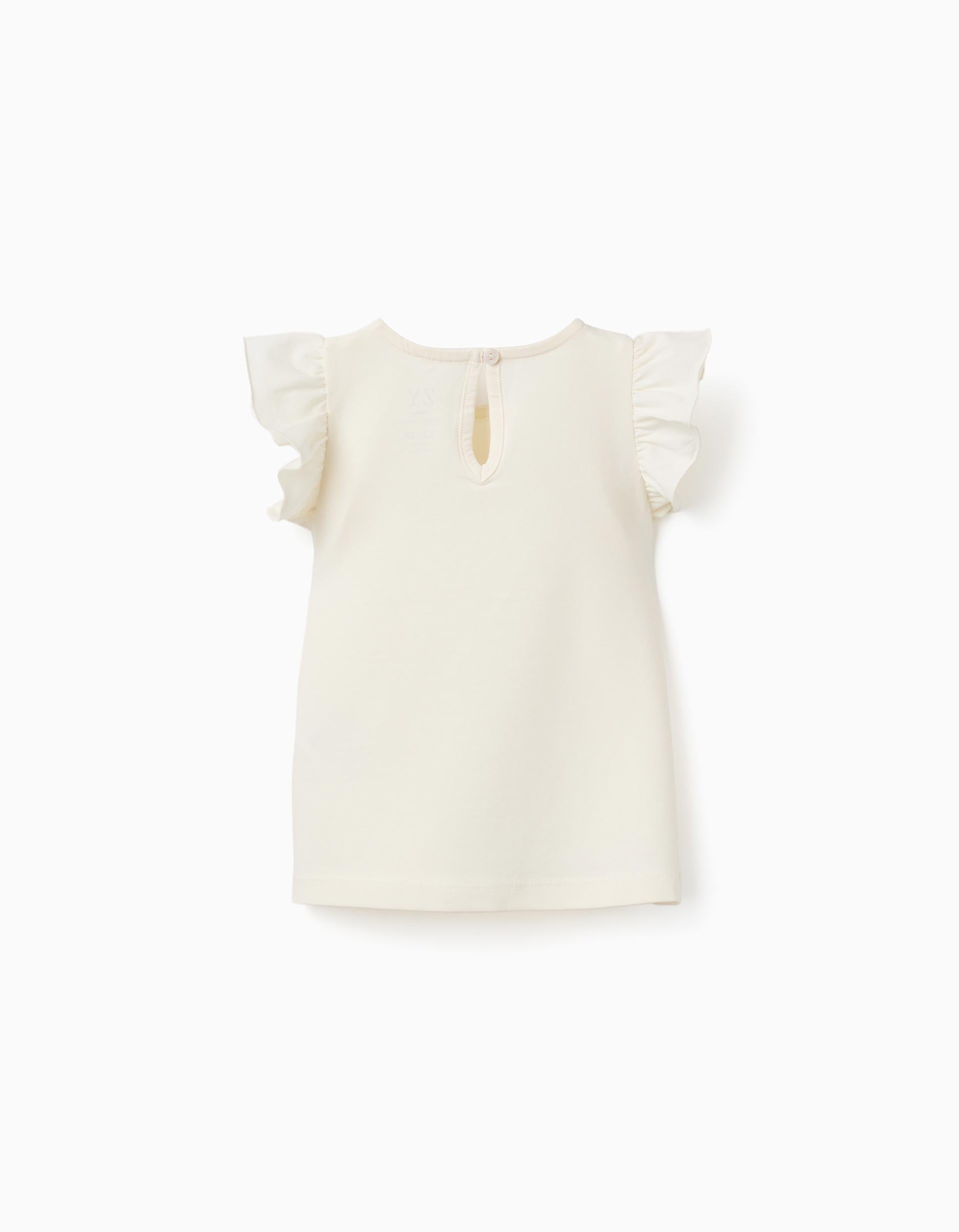 T-shirt com folhos e gola redonda para bebé menina, bege-claro