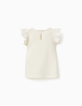 Camiseta con volantes y cuello redondo para bebé niña, beige claro