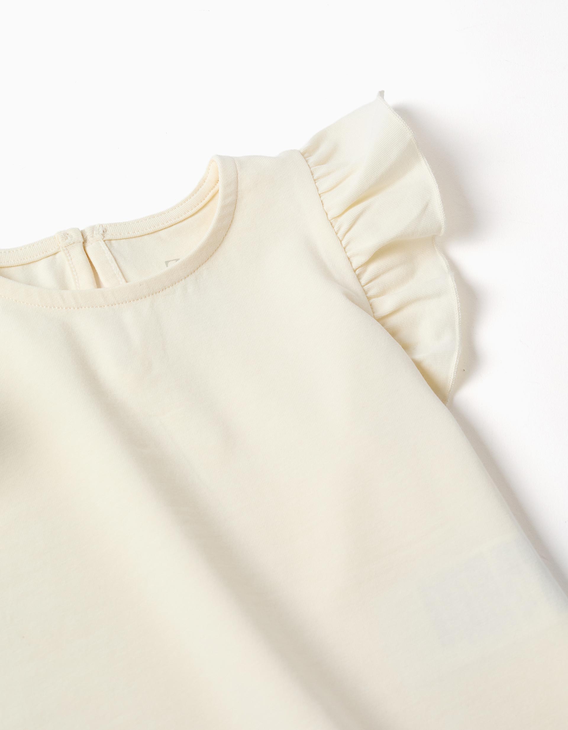 T-shirt com folhos e gola redonda para bebé menina, bege-claro