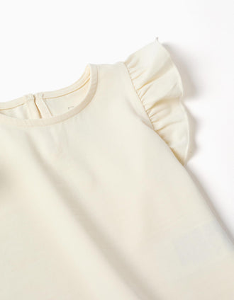 Camiseta con volantes y cuello redondo para bebé niña, beige claro