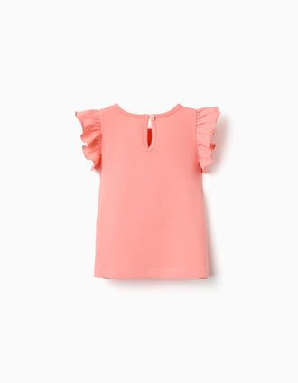 T-shirt com folhos e gola redonda para bebé menina, coral-claro