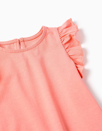 T-shirt com folhos e gola redonda para bebé menina, coral-claro